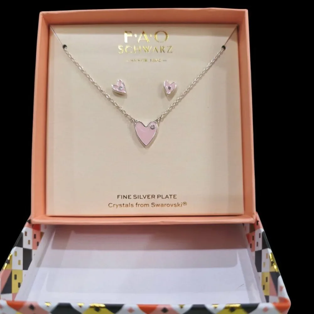 FAO Schwarz ✦ Pink Mother of Pearl Heart Set ✦ Swarovski Necklace & Earrings NWT